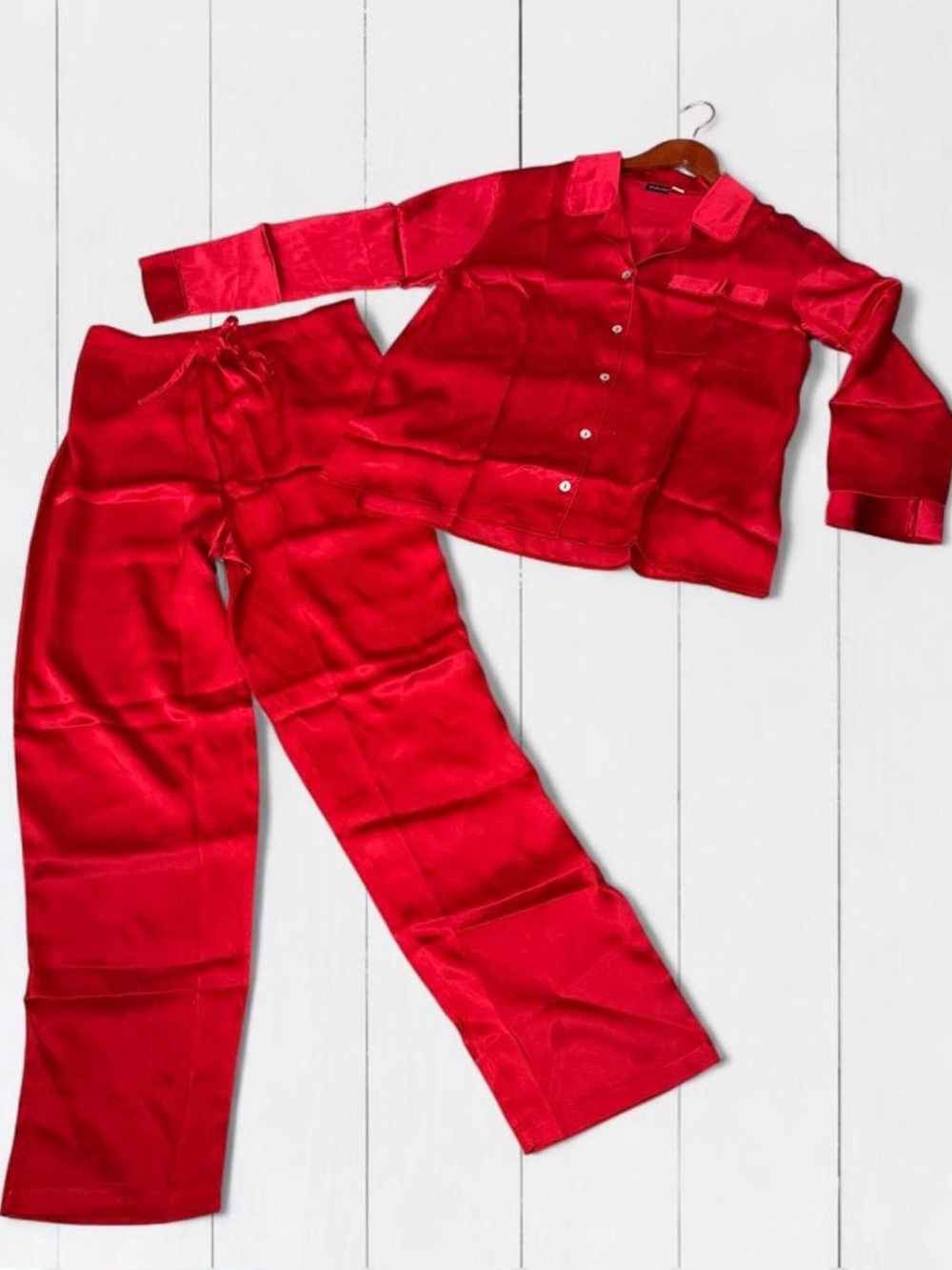 Vintage Frederick's of Hollywood Red SILK Button-Front Pajama Set - Picture 3 of 5